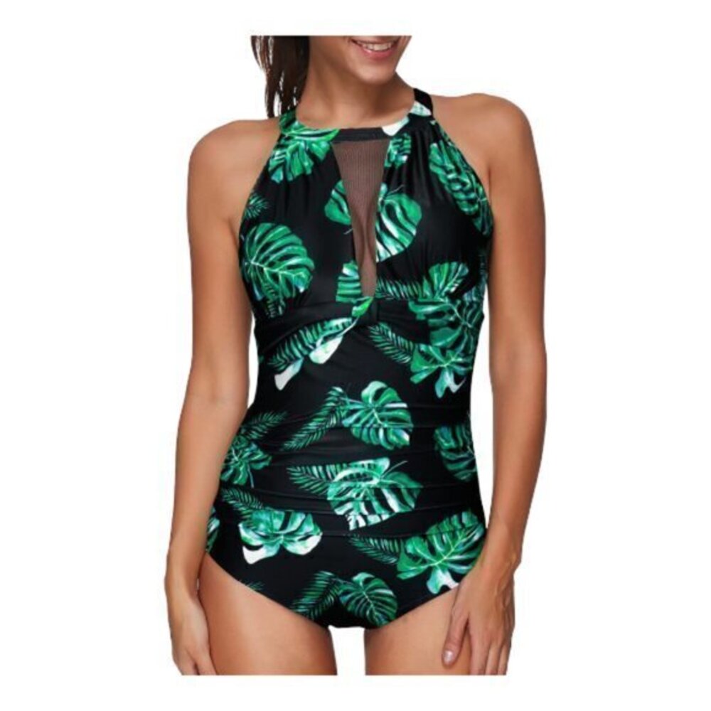 Women's Swimsuit Black High Neck Mesh Plunge Black Green Leaf SZ Med NWT #1705